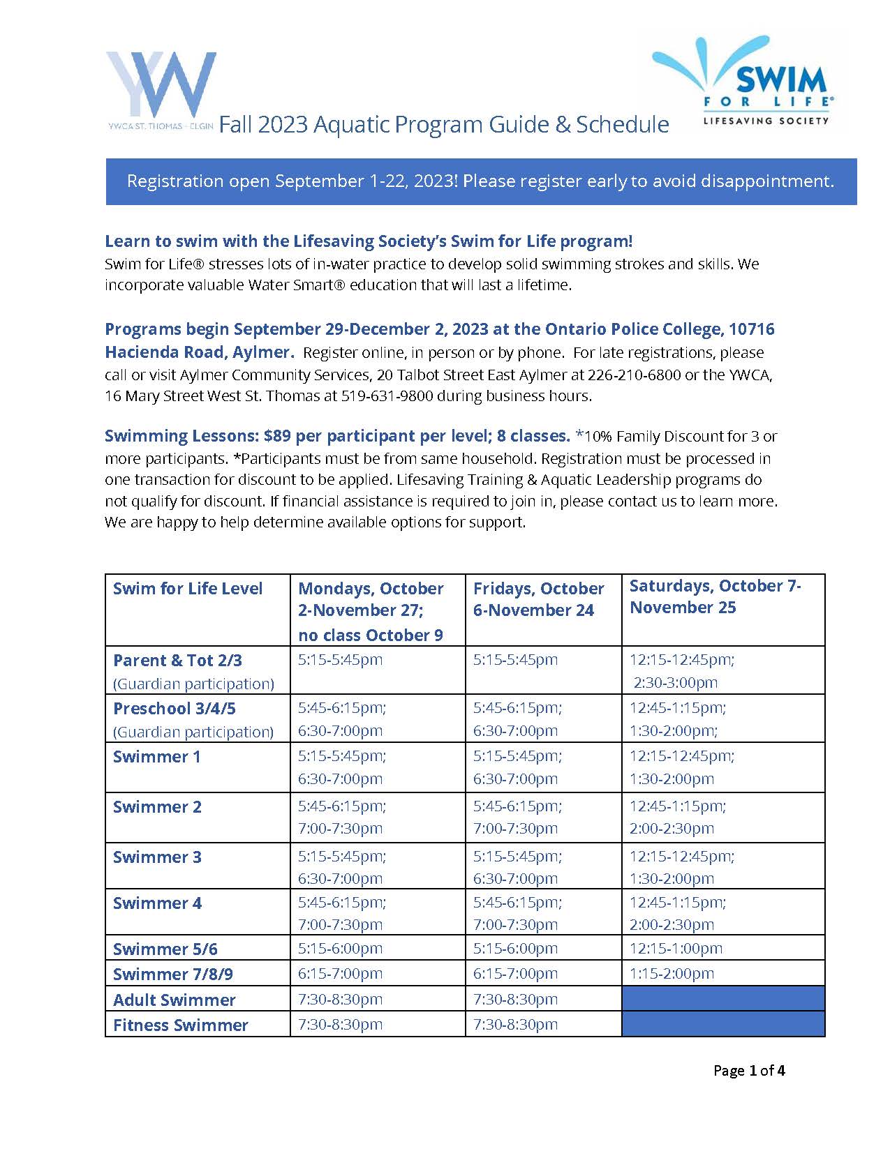 Fall 2023 Aquatics Program Schedule