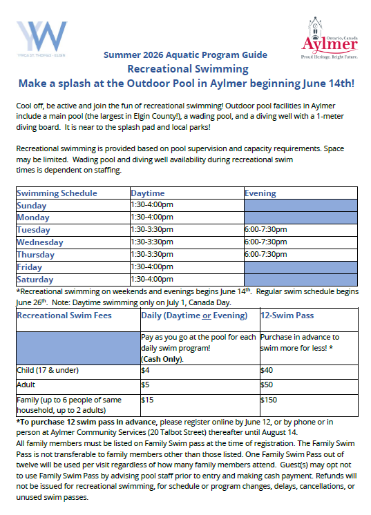 Summer 2026 Recreational Swim Guide Summer 2026 Recreation Swim Guide